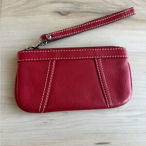 Elegant Red Tignanello Leather Wristlet with White Stitching 4”x8”